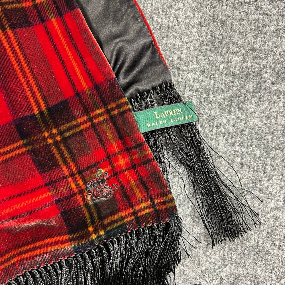 Lauren Ralph Lauren Red Tartan Plaid Velvet Silk Blend Fringe Scarf Wrap - Picture 2 of 7